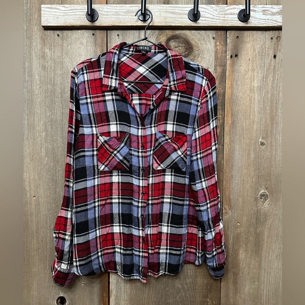 Timing Plaid Button Up Shirt in Red Blue Size Large